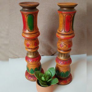 1970's NORLEANS JAPANESE CERAMIC RED/ORANGE CANDLE HOLDERS -LOOKS LIKE WOOD!
